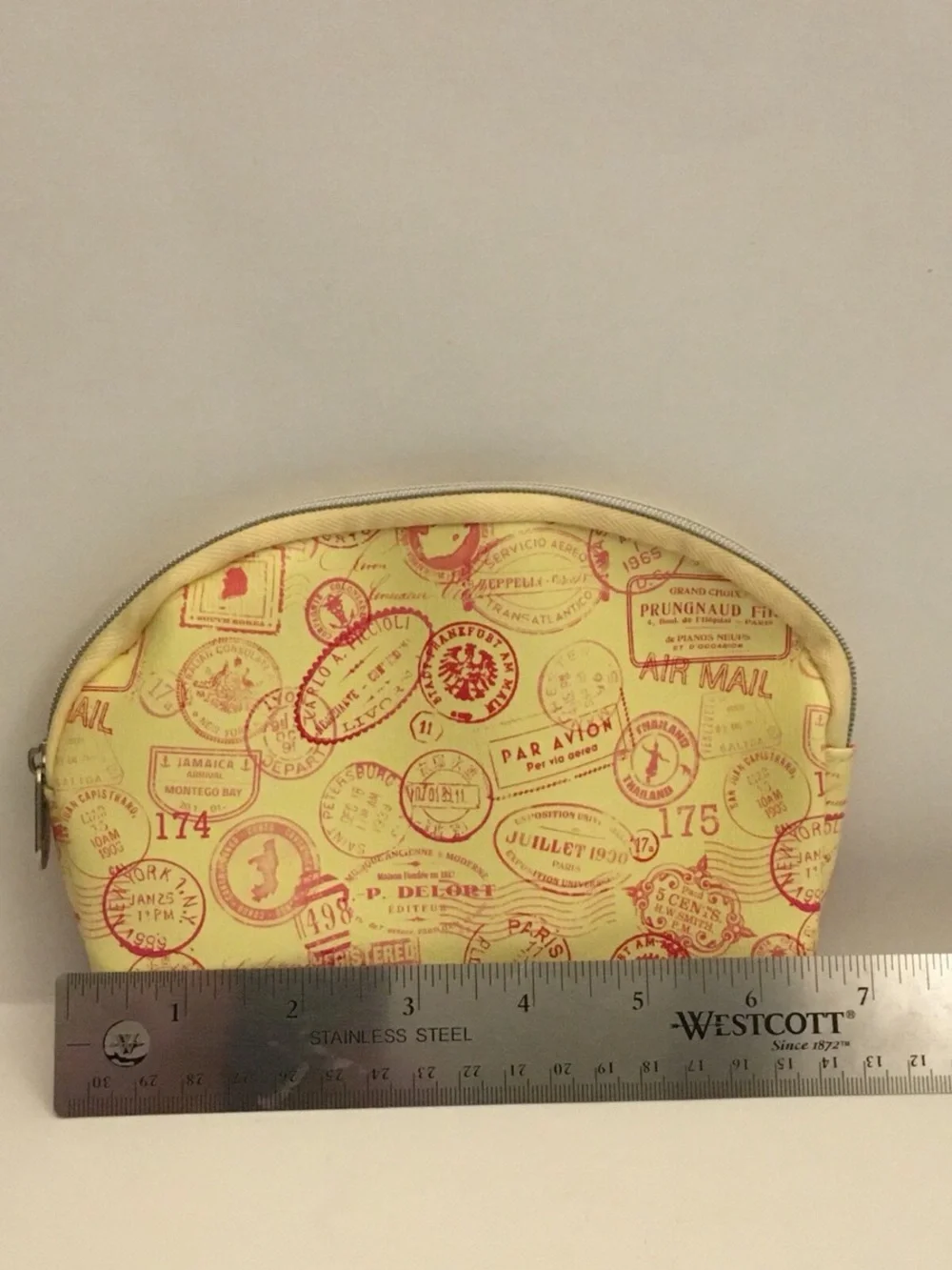 Ipsy Travel Stamp Print Makeup Bag Cosmetic Pouch Orange Zip Toiletry Case